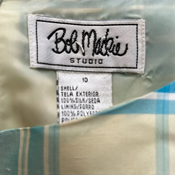 Bob Mackie Studio 💯% Silk Yellow/Blue Plaid Sleeveless Sheath Dress **Size 10** - Picture 3 of 3